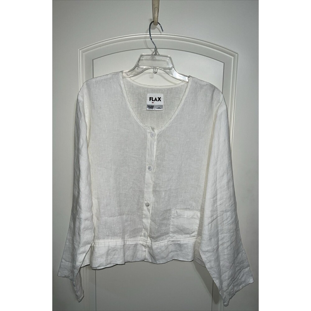 FLAX NWOT Long Sleeve Button Front Round Neck Linen Blouse, Cream, Size L